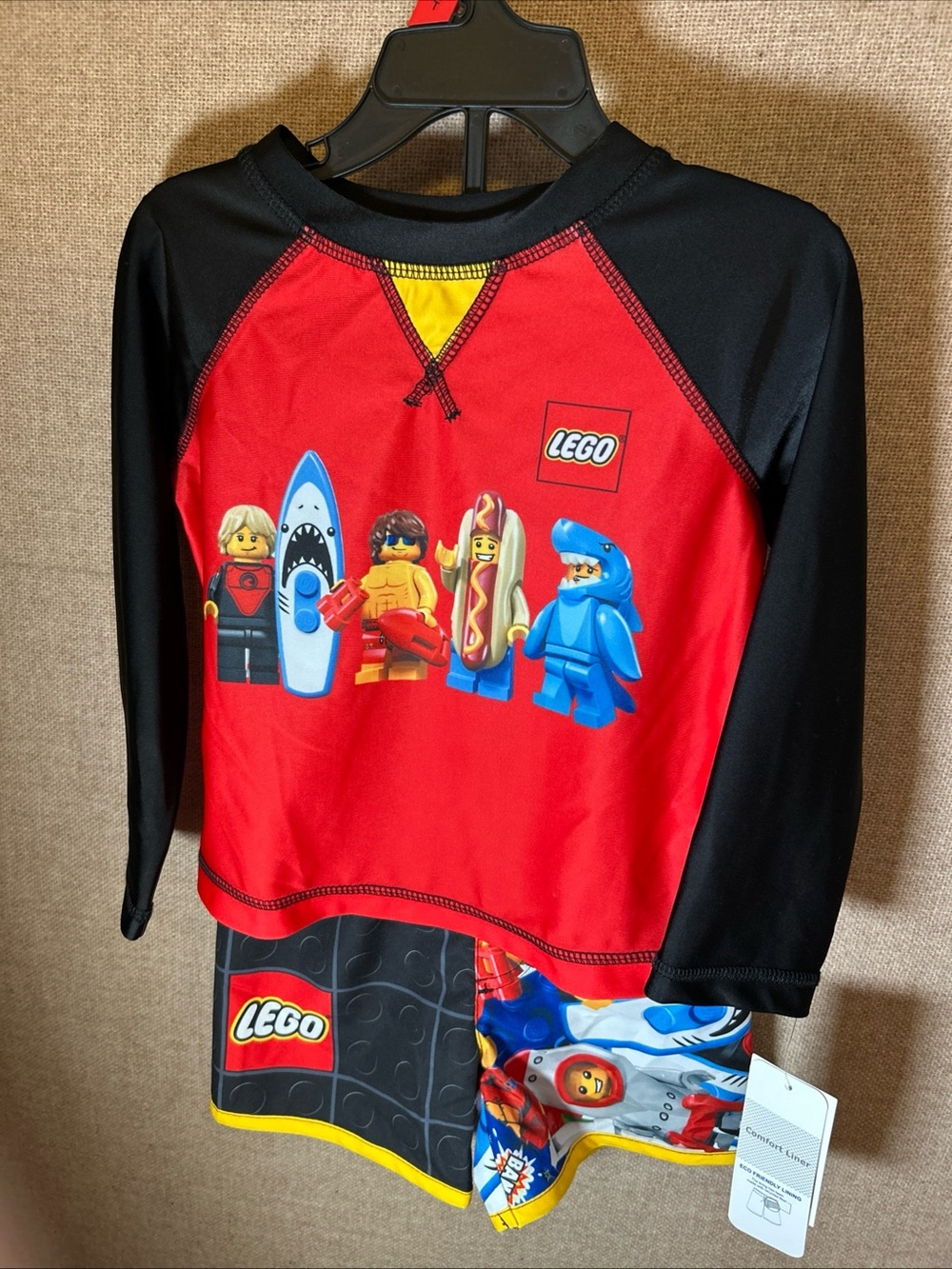 Lego Red and Black Kids' Long Sleeve Swim Rashguard with Minifigure Graphics